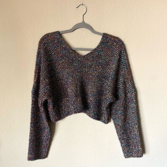 Nasty Gal Tinsel Time Pink Multicolor Sweater Crop V Neck  Size M - Picture 8 of 11